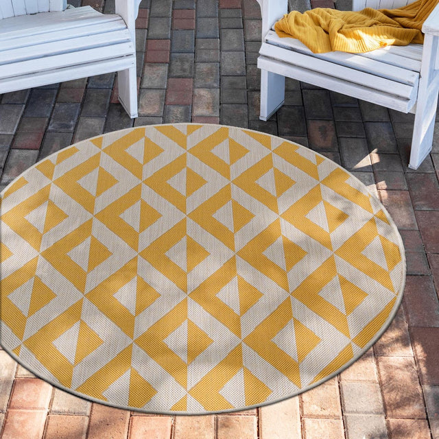 Yellow 4' 1 x 4' 1 Jill Zarin Outdoor Round Area Rug Weather Resistant for Patio, Deck, Terrace, Balcony, Porch Durable 100% Polypropylene Carpet for Outside for Sale at Rug Engine
