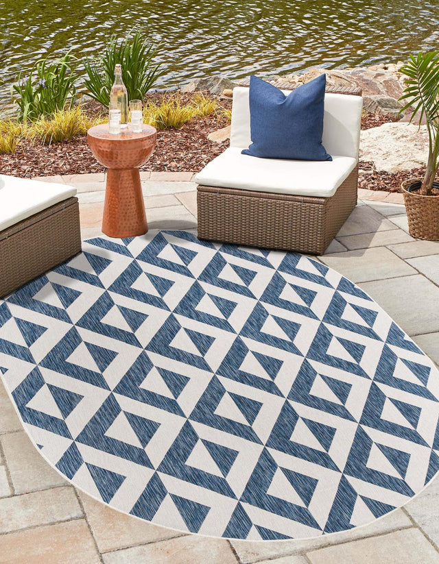 Blue 7' 10 x 10' Jill Zarin Outdoor Oval Area Rug Weather Resistant for Patio, Deck, Terrace, Balcony, Porch Durable 100% Polypropylene Carpet for Outside for Sale at Rug Engine