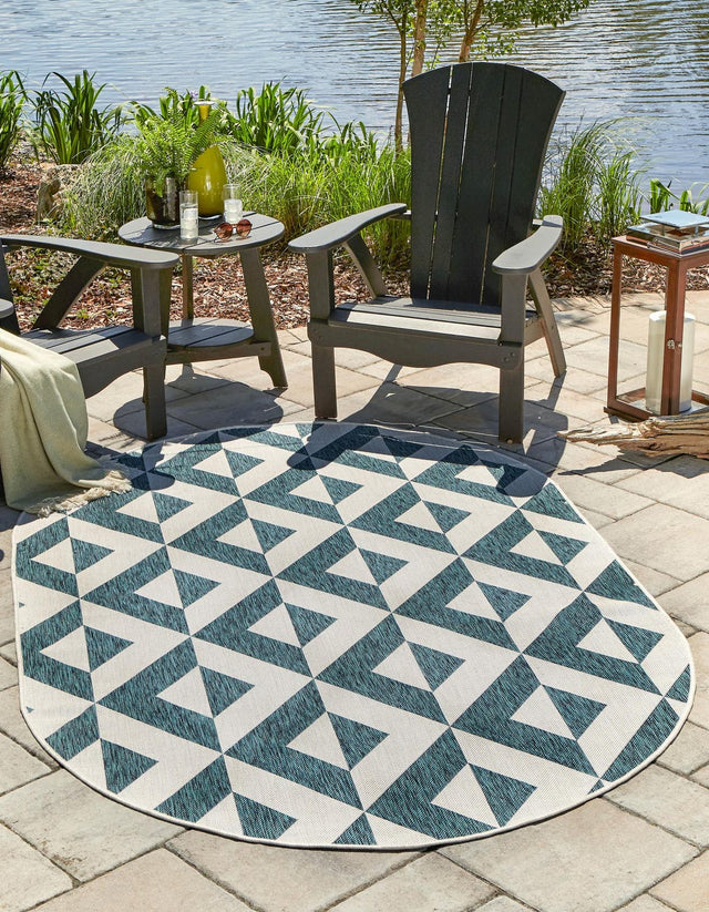 Teal 7' 10 x 10' Jill Zarin Outdoor Oval Area Rug Weather Resistant for Patio, Deck, Terrace, Balcony, Porch Durable 100% Polypropylene Carpet for Outside for Sale at Rug Engine