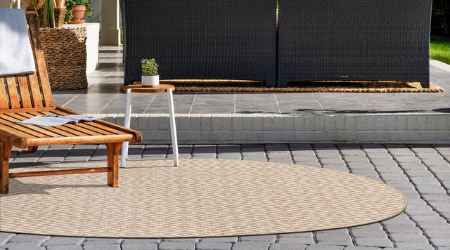 Beige 6' 7 x 6' 7 Jill Zarin Outdoor Round Area Rug Weather Resistant for Patio, Deck, Terrace, Balcony, Porch Durable 100% Polypropylene Carpet for Outside for Sale at Rug Engine