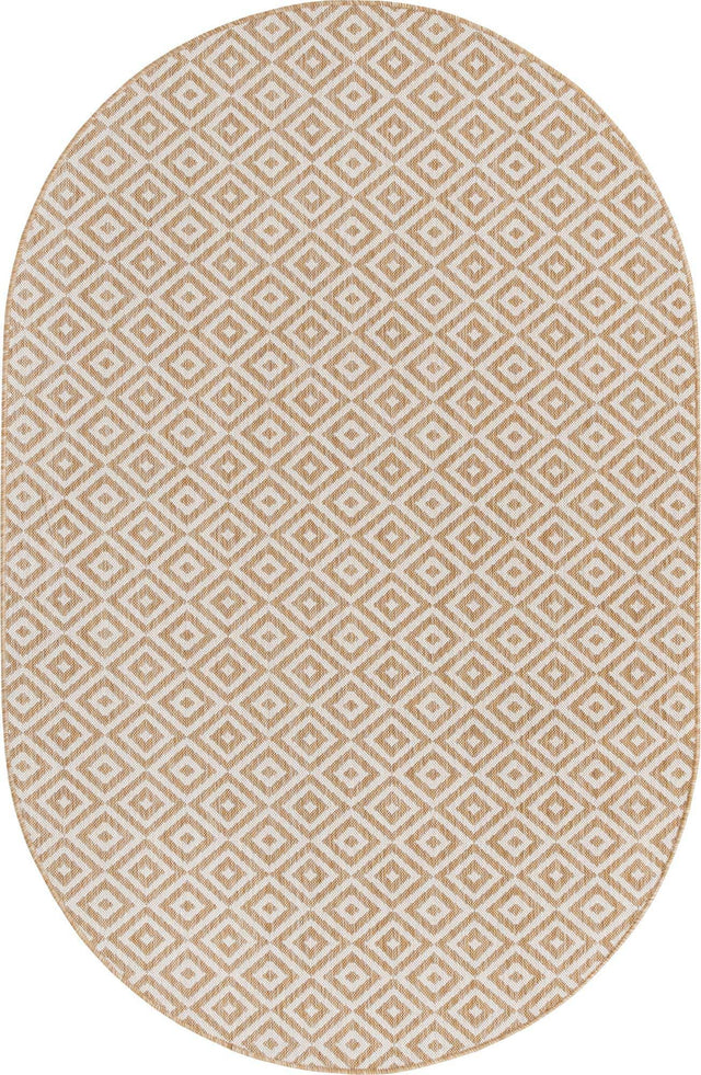 Beige 5' 3 x 8' Jill Zarin Outdoor Oval Area Rug Weather Resistant for Patio, Deck, Terrace, Balcony, Porch Durable 100% Polypropylene Carpet for Outside for Sale at Rug Engine