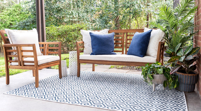 Blue 9' x 12' Jill Zarin Outdoor Rectangle Area Rug Weather Resistant for Patio, Deck, Terrace, Balcony, Porch Durable 100% Polypropylene Carpet for Outside for Sale at Rug Engine