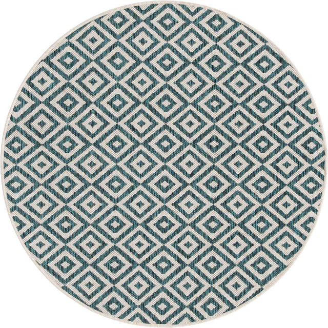 Teal 4' 1 x 4' 1 Jill Zarin Outdoor Round Area Rug Weather Resistant for Patio, Deck, Terrace, Balcony, Porch Durable 100% Polypropylene Carpet for Outside for Sale at Rug Engine