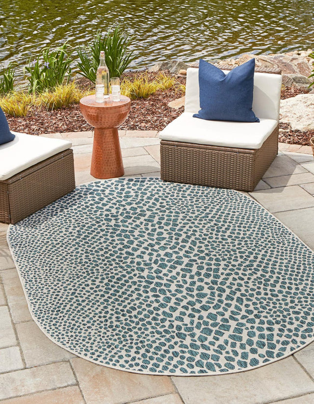 Teal 7' 10 x 10' Jill Zarin Outdoor Oval Area Rug Weather Resistant for Patio, Deck, Terrace, Balcony, Porch Durable 100% Polypropylene Carpet for Outside for Sale at Rug Engine