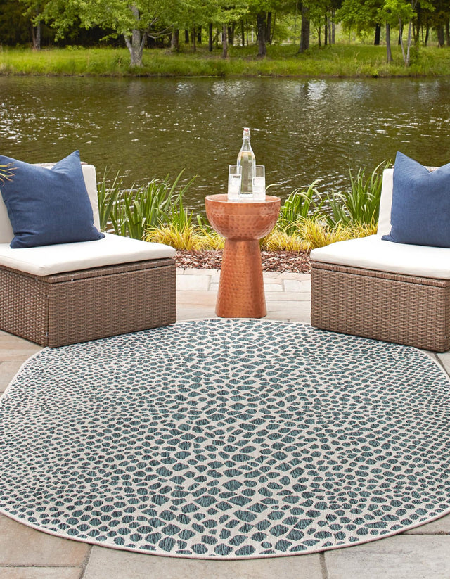 Teal 7' 10 x 10' Jill Zarin Outdoor Oval Area Rug Weather Resistant for Patio, Deck, Terrace, Balcony, Porch Durable 100% Polypropylene Carpet for Outside for Sale at Rug Engine