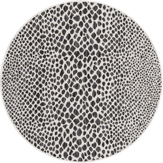 Black 4' 1 x 4' 1 Jill Zarin Outdoor Round Area Rug Weather Resistant for Patio, Deck, Terrace, Balcony, Porch Durable 100% Polypropylene Carpet for Outside for Sale at Rug Engine