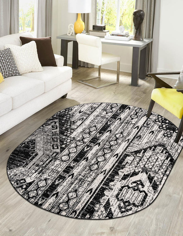 Black and White 3' 1 x 5' 3 Portland Oval Area Rug 85% Polypropylene & 15% Polyester Vintage Distressed Traditional Carpet for Home Decor for Sale at Rug Engine