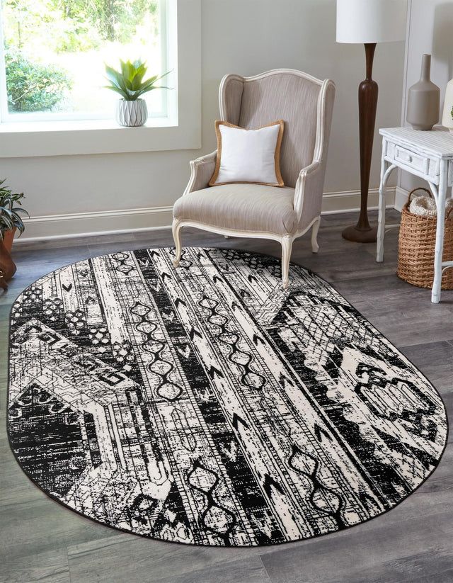 Black and White 5' 3 x 8' Portland Oval Area Rug 85% Polypropylene & 15% Polyester Vintage Distressed Traditional Carpet for Home Decor for Sale at Rug Engine
