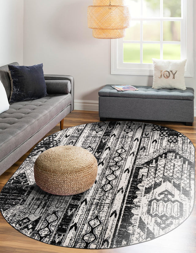 Black and White 5' 3 x 8' Portland Oval Area Rug 85% Polypropylene & 15% Polyester Vintage Distressed Traditional Carpet for Home Decor for Sale at Rug Engine