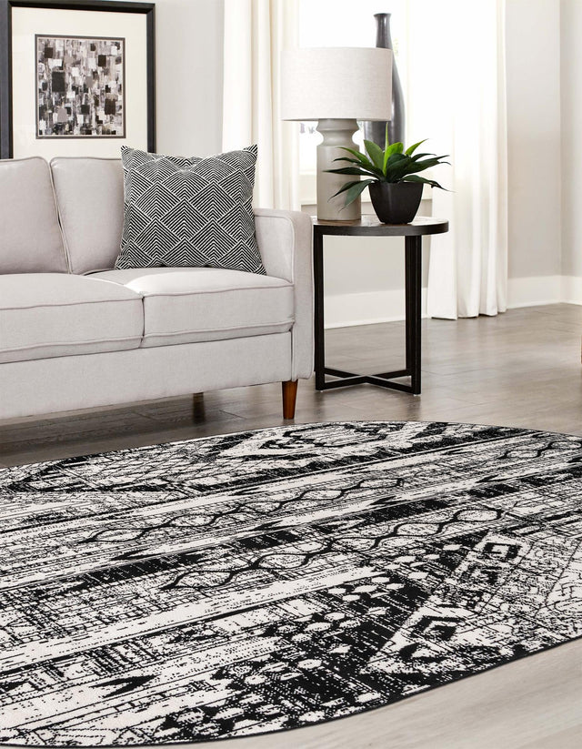 Black and White 5' 3 x 8' Portland Oval Area Rug 85% Polypropylene & 15% Polyester Vintage Distressed Traditional Carpet for Home Decor for Sale at Rug Engine