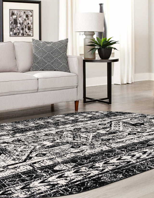 Black and White 5' 3 x 8' Portland Oval Area Rug 85% Polypropylene & 15% Polyester Vintage Distressed Traditional Carpet for Home Decor for Sale at Rug Engine