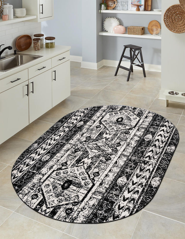 Black and White 3' 1 x 5' 3 Portland Oval Area Rug 85% Polypropylene & 15% Polyester Vintage Distressed Traditional Carpet for Home Decor for Sale at Rug Engine