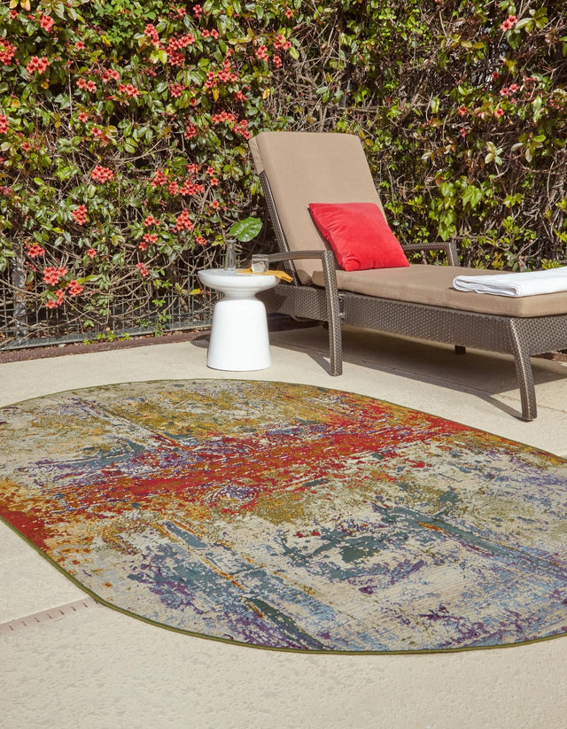 Multicolor 2' 2 x 3' 1 Outdoor Modern Oval Area Rug Weather Resistant for Patio, Deck, Terrace, Balcony, Porch 100% Polypropylene Modern Outside Carpet for Sale at Rug Engine