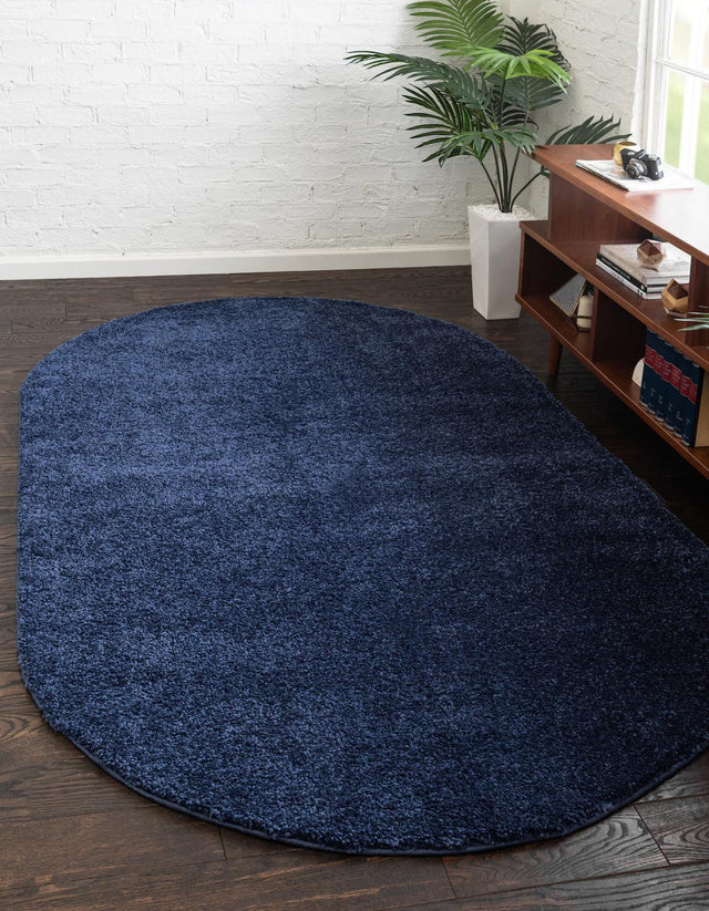 Navy Blue 7' 11 x 10' Solo Oval Area Rug Thick Soft Touch Fluffy & Plush Shaggy Pile Durable Minimalist Carpet for Classic Interior Design for Sale at Rug Engine