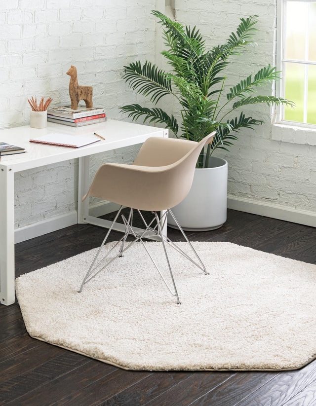 Ivory 5' x 5' Solo Octagon Area Rug Thick Soft Touch Fluffy & Plush Shaggy Pile Durable Minimalist Carpet for Classic Interior Design for Sale at Rug Engine