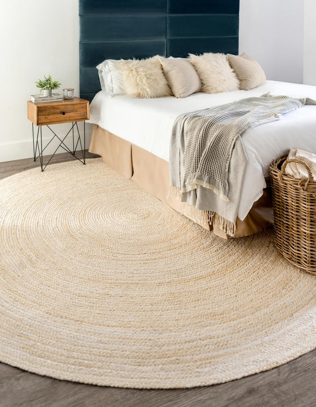 White 5' 1 x 5' 1 Braided Jute Round Area Rug 100% Jute Hand Braided Natural Eco-Friendly Boho Style Carpet for Living Rooms Dining Office Space Dorms for Sale at Rug Engine