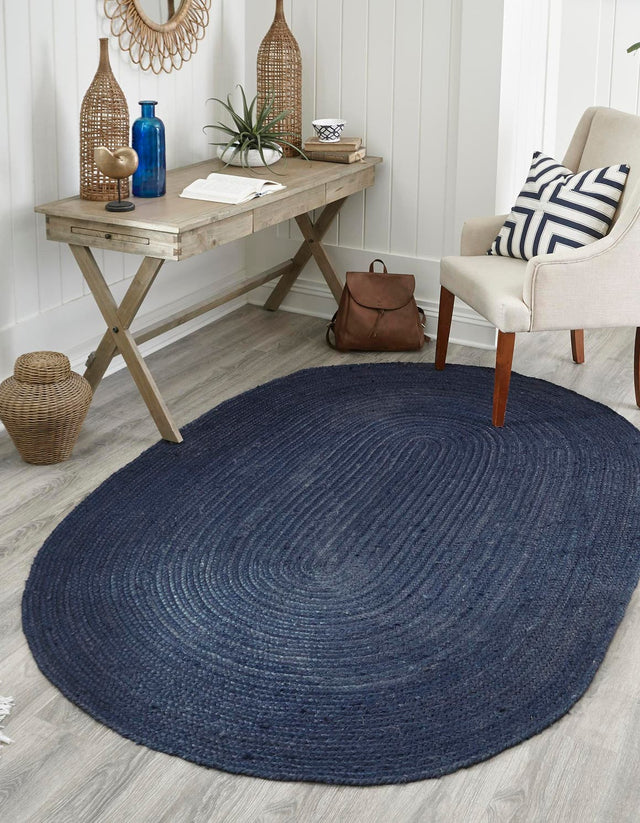 Navy Blue 8' x 10' Braided Jute Oval Area Rug 100% Jute Hand Braided Natural Eco-Friendly Boho Style Carpet for Living Rooms Dining Office Space Dorms for Sale at Rug Engine
