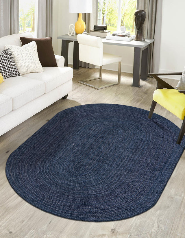 Navy Blue 8' x 10' Braided Jute Oval Area Rug 100% Jute Hand Braided Natural Eco-Friendly Boho Style Carpet for Living Rooms Dining Office Space Dorms for Sale at Rug Engine