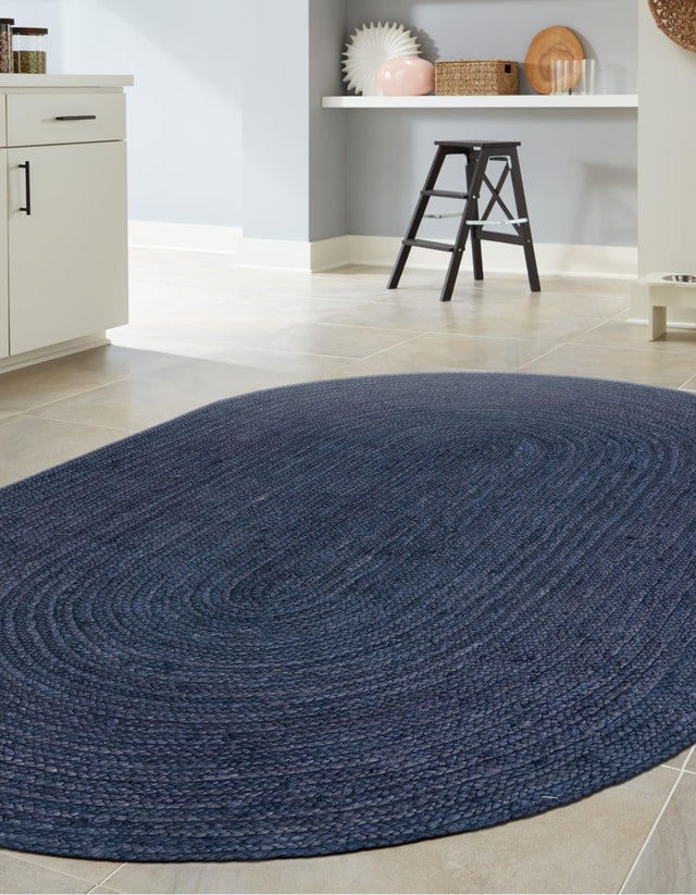 Navy Blue 8' x 10' Braided Jute Oval Area Rug 100% Jute Hand Braided Natural Eco-Friendly Boho Style Carpet for Living Rooms Dining Office Space Dorms for Sale at Rug Engine