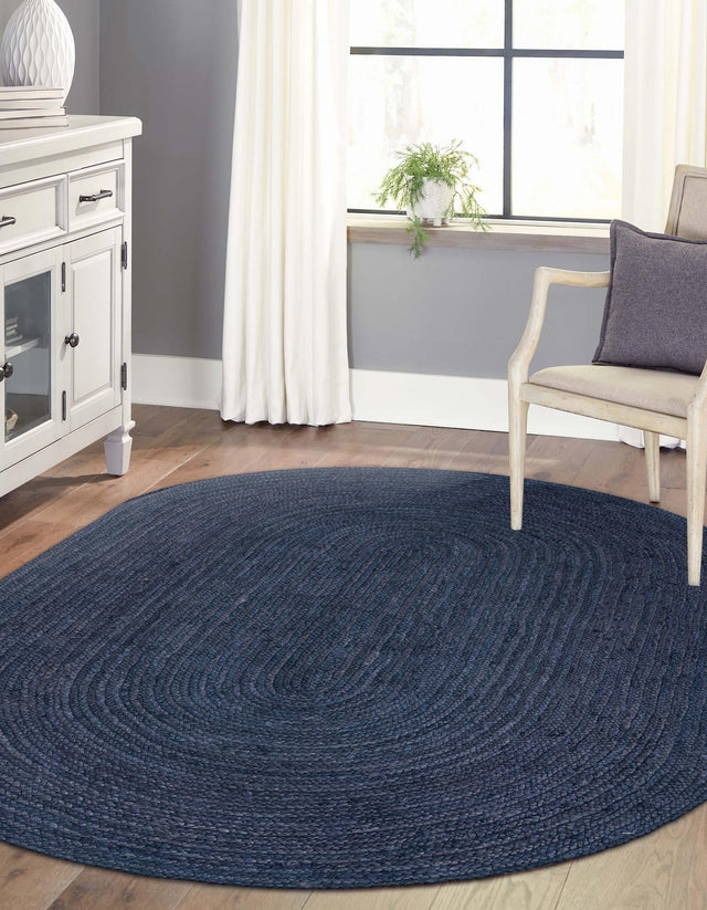 Navy Blue 8' x 10' Braided Jute Oval Area Rug 100% Jute Hand Braided Natural Eco-Friendly Boho Style Carpet for Living Rooms Dining Office Space Dorms for Sale at Rug Engine