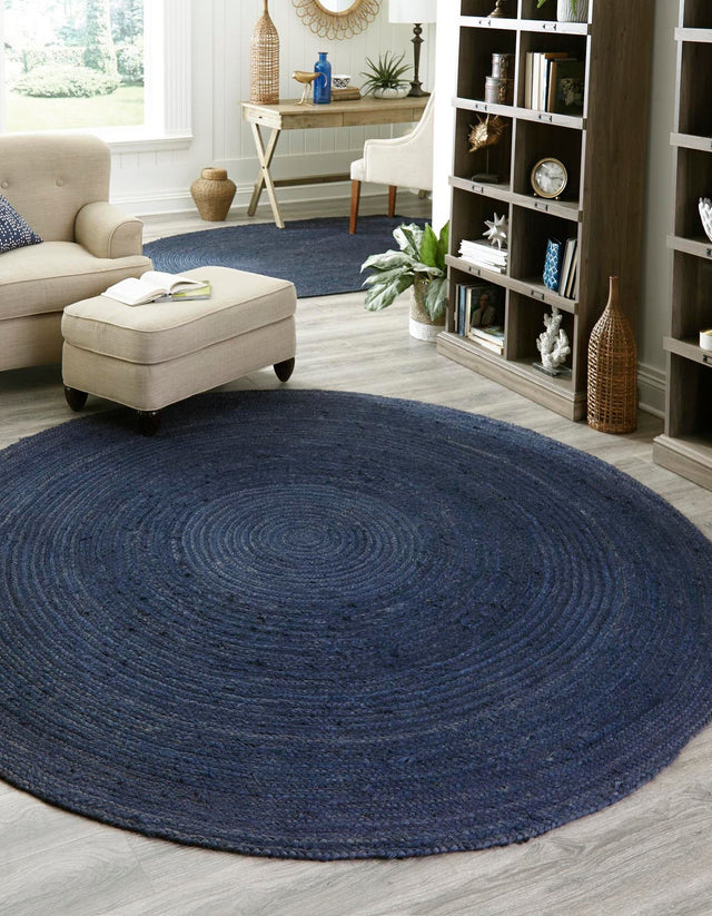 Navy Blue 5' 1 x 5' 1 Braided Jute Round Area Rug 100% Jute Hand Braided Natural Eco-Friendly Boho Style Carpet for Living Rooms Dining Office Space Dorms for Sale at Rug Engine