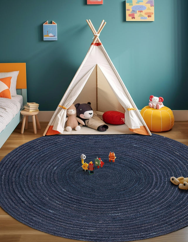 Navy Blue 8' x 8' Braided Jute Round Area Rug 100% Jute Hand Braided Natural Eco-Friendly Boho Style Carpet for Living Rooms Dining Office Space Dorms for Sale at Rug Engine