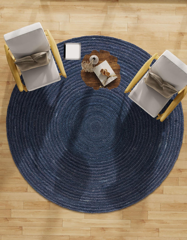 Navy Blue 3' 3 x 3' 3 Braided Jute Round Area Rug 100% Jute Hand Braided Natural Eco-Friendly Boho Style Carpet for Living Rooms Dining Office Space Dorms for Sale at Rug Engine