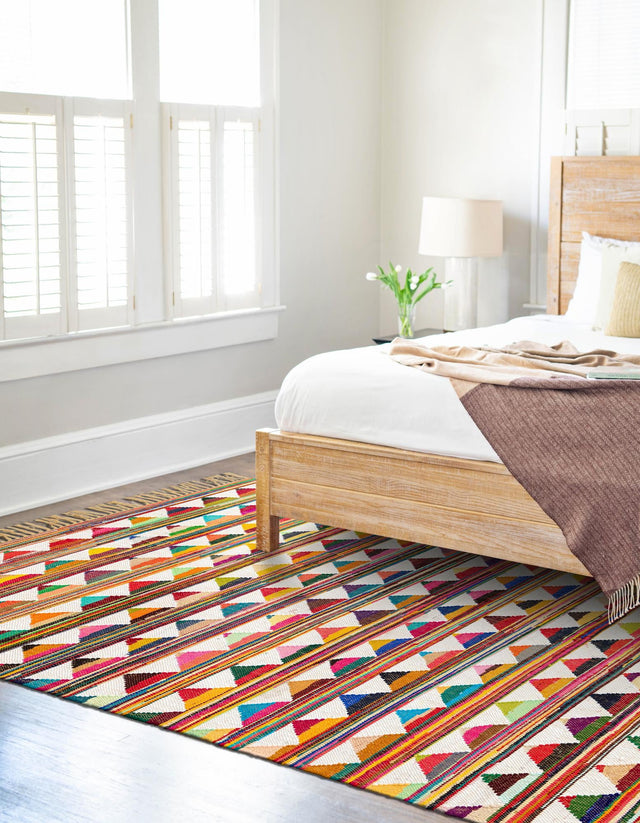 Multicolor 5' 1 x 8' Chindi Trellis Rectangle Area Rug Natural Eco-Friendly Cotton Geometric Pattern Carpet for Living Dining Room Office Bedrooms for Sale at Rug Engine