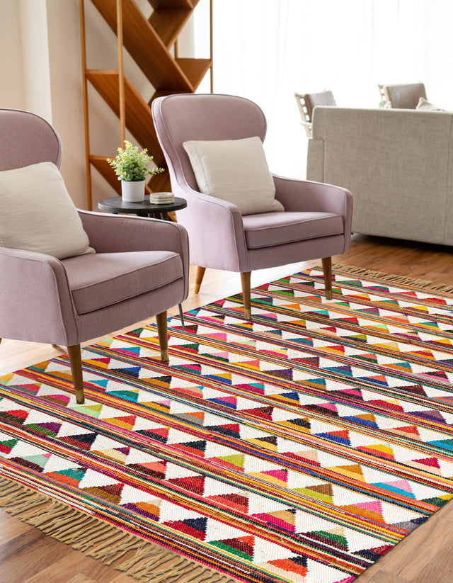 Multicolor 5' 1 x 8' Chindi Trellis Rectangle Area Rug Natural Eco-Friendly Cotton Geometric Pattern Carpet for Living Dining Room Office Bedrooms for Sale at Rug Engine