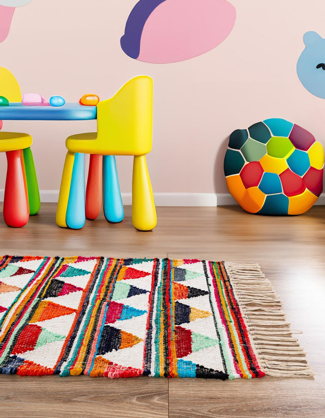 Multicolor 2' 2 x 6' 1 Chindi Trellis Runner Area Rug Natural Eco-Friendly Cotton Geometric Pattern Carpet for Living Dining Room Office Bedrooms for Sale at Rug Engine