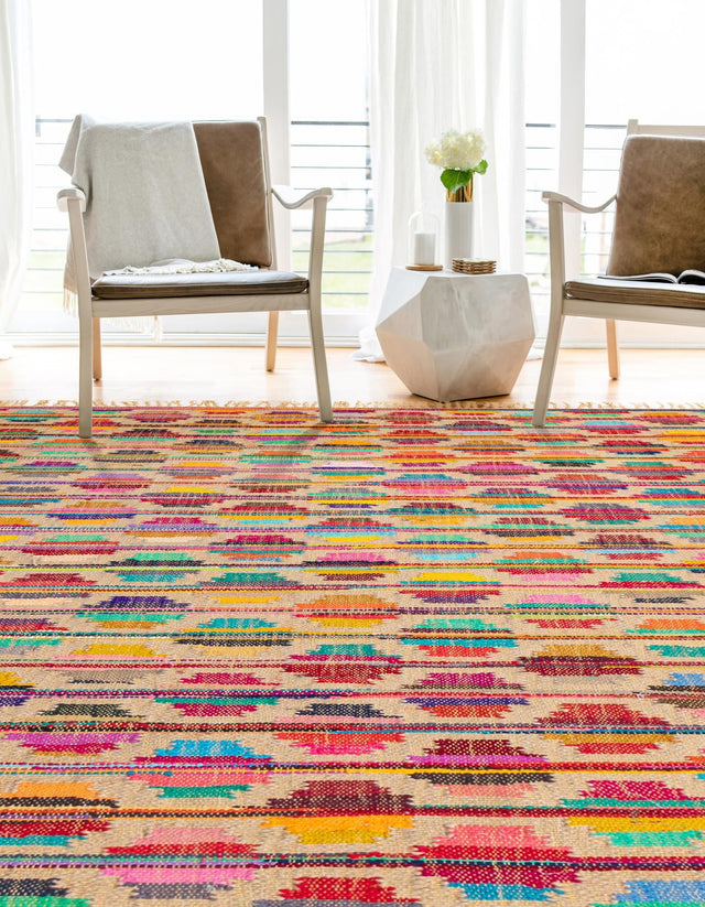Multicolor 7' 1 x 10' Chindi Trellis Rectangle Area Rug Natural Eco-Friendly Cotton Geometric Pattern Carpet for Living Dining Room Office Bedrooms for Sale at Rug Engine