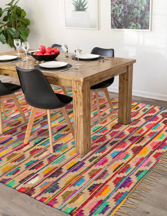 Multicolor 7' 1 x 10' Chindi Trellis Rectangle Area Rug Natural Eco-Friendly Cotton Geometric Pattern Carpet for Living Dining Room Office Bedrooms for Sale at Rug Engine