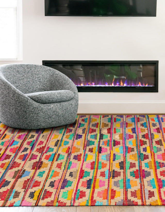 Multicolor 7' 1 x 10' Chindi Trellis Rectangle Area Rug Natural Eco-Friendly Cotton Geometric Pattern Carpet for Living Dining Room Office Bedrooms for Sale at Rug Engine