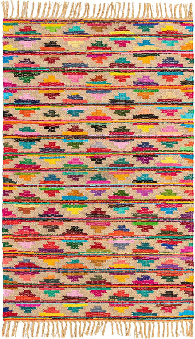 Multicolor 4' 1 x 6' 1 Chindi Trellis Rectangle Area Rug Natural Eco-Friendly Cotton Geometric Pattern Carpet for Living Dining Room Office Bedrooms for Sale at Rug Engine