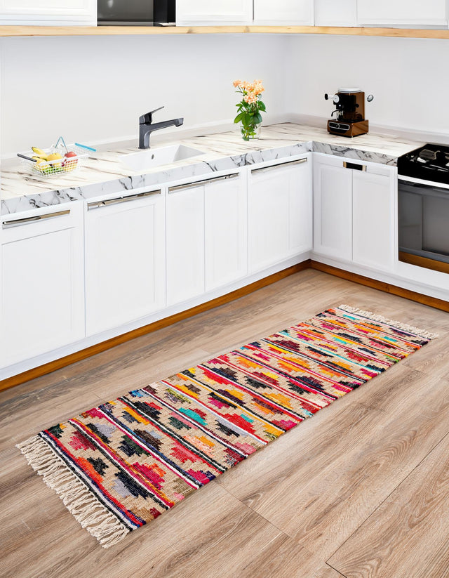 Multicolor 2' 2 x 6' 1 Chindi Trellis Runner Area Rug Natural Eco-Friendly Cotton Geometric Pattern Carpet for Living Dining Room Office Bedrooms for Sale at Rug Engine