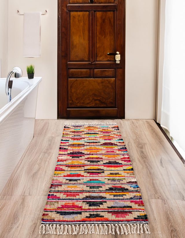 Multicolor 2' 2 x 6' 1 Chindi Trellis Runner Area Rug Natural Eco-Friendly Cotton Geometric Pattern Carpet for Living Dining Room Office Bedrooms for Sale at Rug Engine