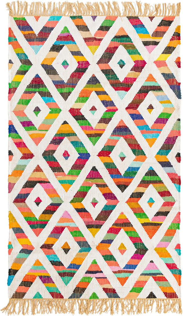 Multicolor 4' 1 x 6' 1 Chindi Trellis Rectangle Area Rug Natural Eco-Friendly Cotton Geometric Pattern Carpet for Living Dining Room Office Bedrooms for Sale at Rug Engine