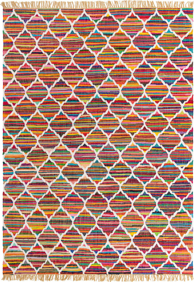 Multicolor 9' x 12' Chindi Trellis Rectangle Area Rug Natural Eco-Friendly Cotton Geometric Pattern Carpet for Living Dining Room Office Bedrooms for Sale at Rug Engine