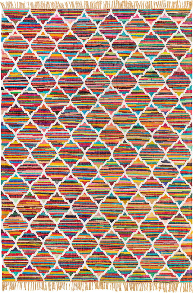 Multicolor 8' x 11' Chindi Trellis Rectangle Area Rug Natural Eco-Friendly Cotton Geometric Pattern Carpet for Living Dining Room Office Bedrooms for Sale at Rug Engine