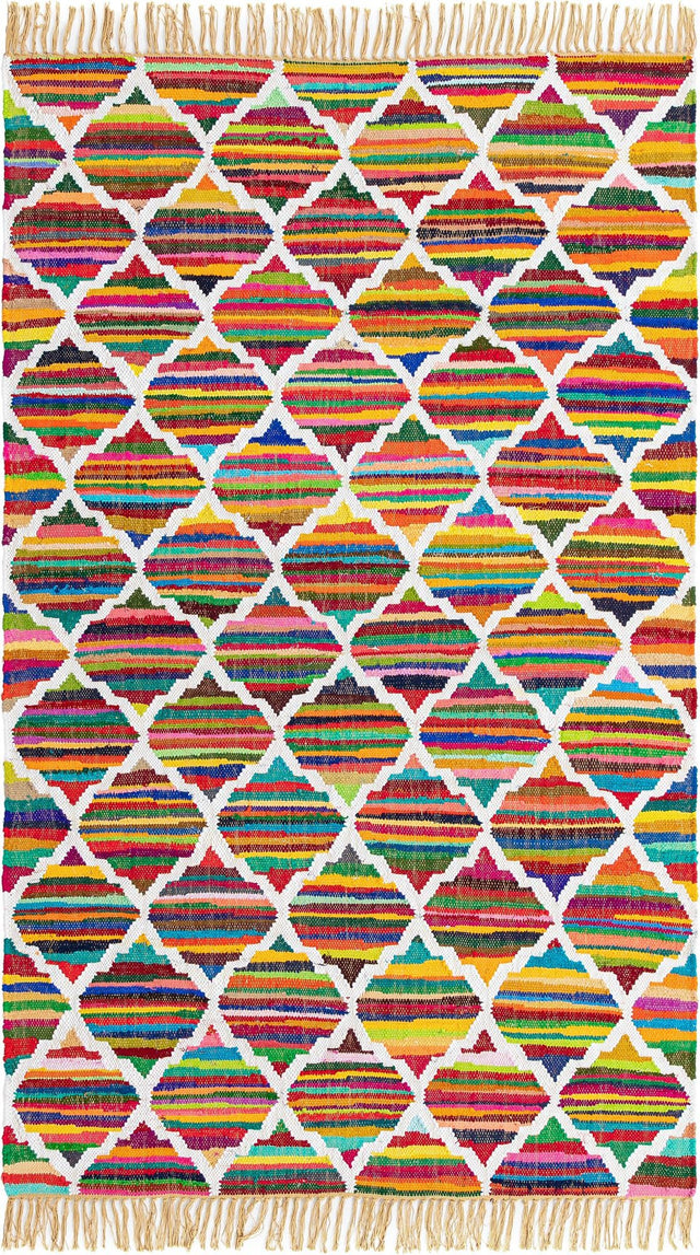 Multicolor 5' 1 x 8' Chindi Trellis Rectangle Area Rug Natural Eco-Friendly Cotton Geometric Pattern Carpet for Living Dining Room Office Bedrooms for Sale at Rug Engine