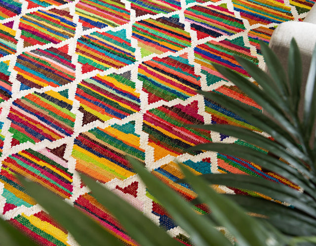 Multicolor 2' 2 x 6' 1 Chindi Trellis Runner Area Rug Natural Eco-Friendly Cotton Geometric Pattern Carpet for Living Dining Room Office Bedrooms for Sale at Rug Engine