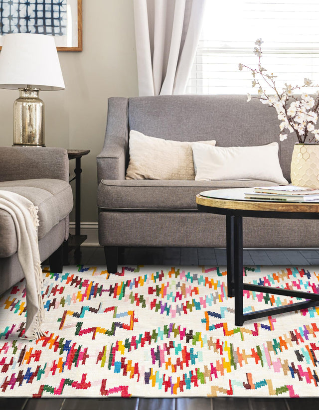 Multicolor 7' 1 x 10' Chindi Trellis Rectangle Area Rug Natural Eco-Friendly Cotton Geometric Pattern Carpet for Living Dining Room Office Bedrooms for Sale at Rug Engine