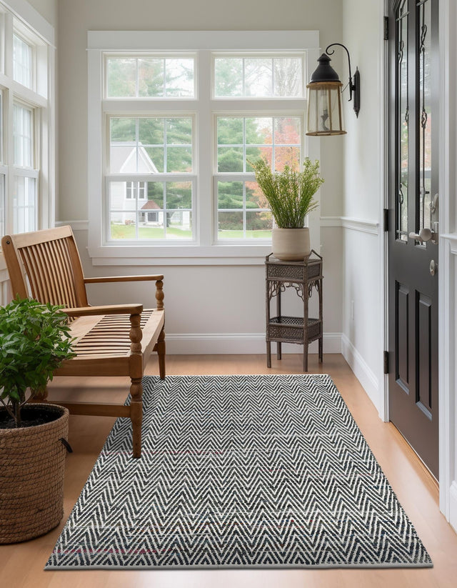 Black and White 7' 1 x 10' Chindi Chevron Rectangle Area Rug 100% Denim Cotton All Natural Modern Geometric Carpet Dining Living Rooms Bathroom Dorm Decor for Sale at Rug Engine