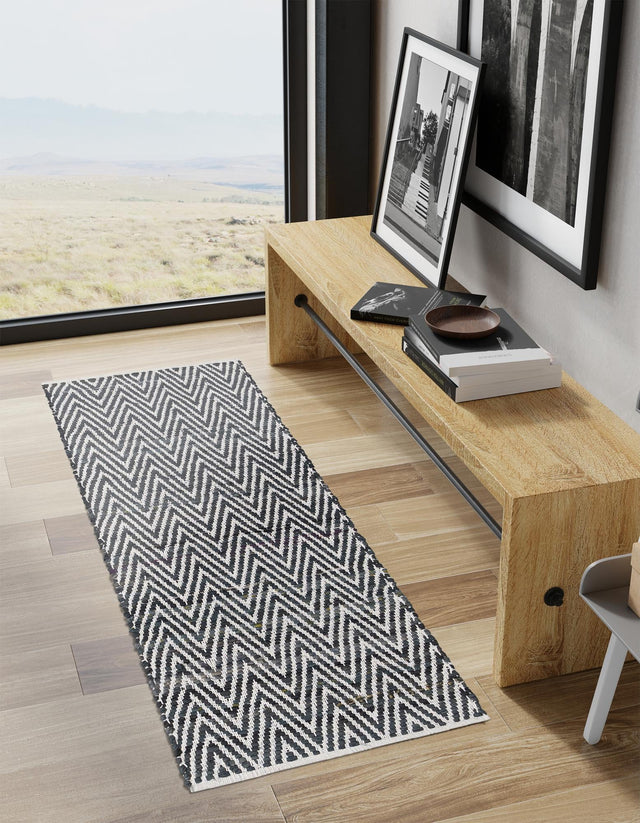 Black and White 2' 7 x 10' Chindi Chevron Runner Area Rug 100% Denim Cotton All Natural Modern Geometric Carpet Dining Living Rooms Bathroom Dorm Decor for Sale at Rug Engine