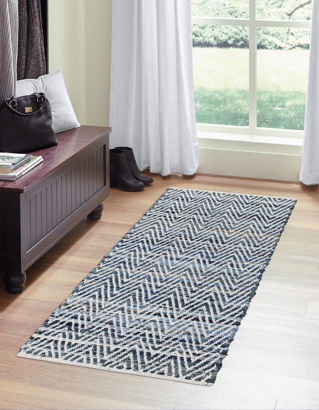 Denim 2' 7 x 10' Chindi Chevron Runner Area Rug 100% Denim Cotton All Natural Modern Geometric Carpet Dining Living Rooms Bathroom Dorm Decor for Sale at Rug Engine