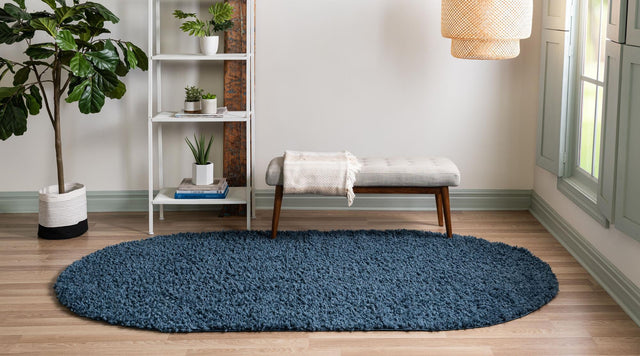Marine Blue 3' 1 x 5' 3 Davos Shag Oval Area Rug Thick Soft Touch Fluffy & Plush Shaggy Pile 100% Polypropylene Carpet for Living Dining Bedrooms Office for Sale at Rug Engine