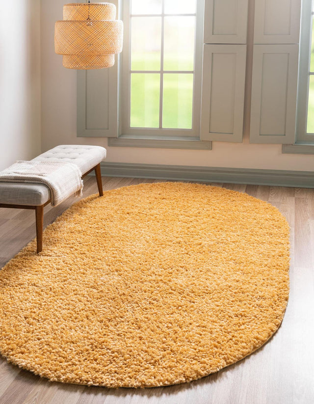 Sun Yellow 7' 10 x 10' Davos Shag Oval Area Rug Thick Soft Touch Fluffy & Plush Shaggy Pile 100% Polypropylene Carpet for Living Dining Bedrooms Office for Sale at Rug Engine