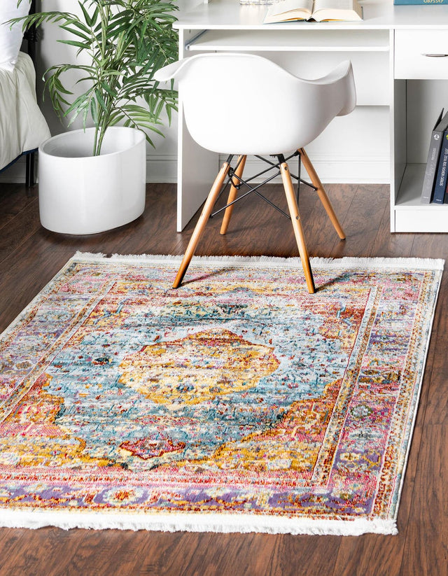 Light Blue 4' x 4' Baracoa Square Area Rug 100% Polypropylene Distressed Vintage Living Dining Room Office Traditional Carpet for Sale at Rug Engine