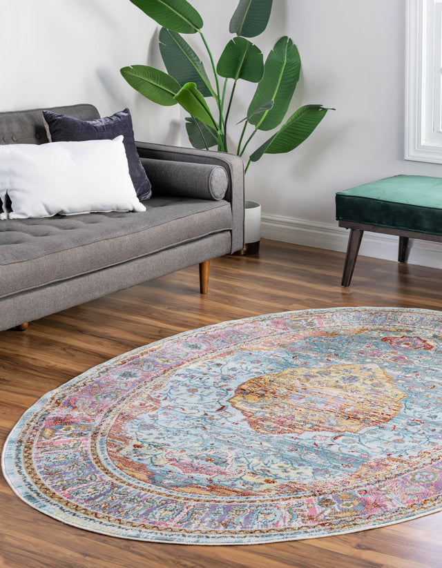 Light Blue 5' x 8' Baracoa Oval Area Rug 100% Polypropylene Distressed Vintage Living Dining Room Office Traditional Carpet for Sale at Rug Engine