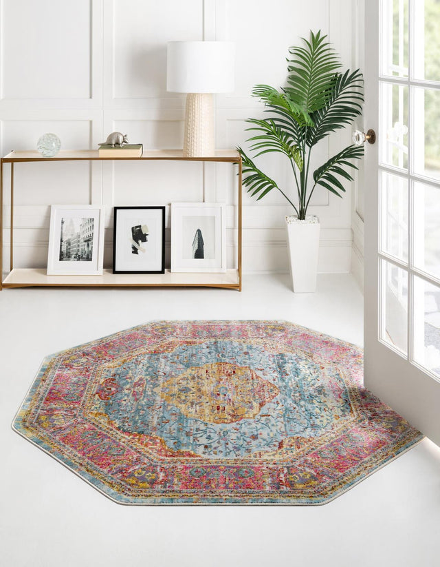Light Blue 5' x 5' Baracoa Octagon Area Rug 100% Polypropylene Distressed Vintage Living Dining Room Office Traditional Carpet for Sale at Rug Engine